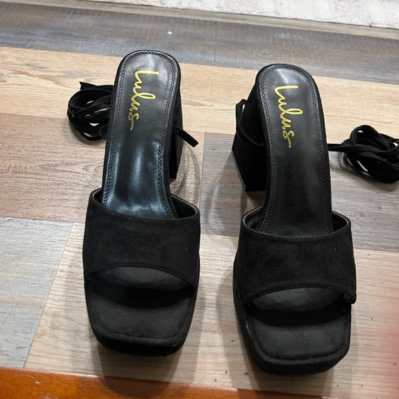 Lulus Fiyaa Black Suede Lace-Up Chunky High Heel Sandals - Picture 6 of 12